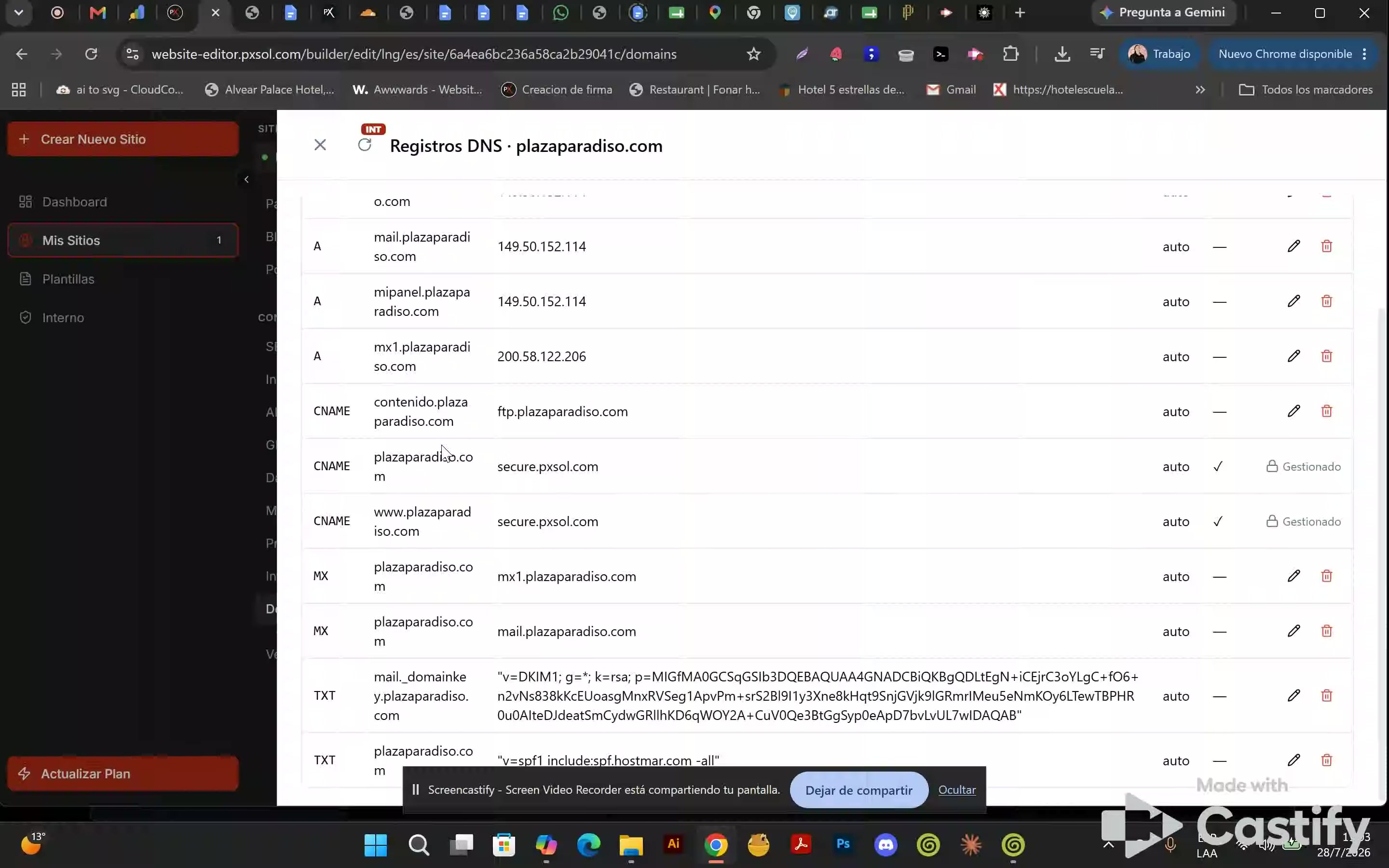 Tabla de registros DNS mostrando registros CNAME protegidos, con iconos de candado y sin opciones de edición.