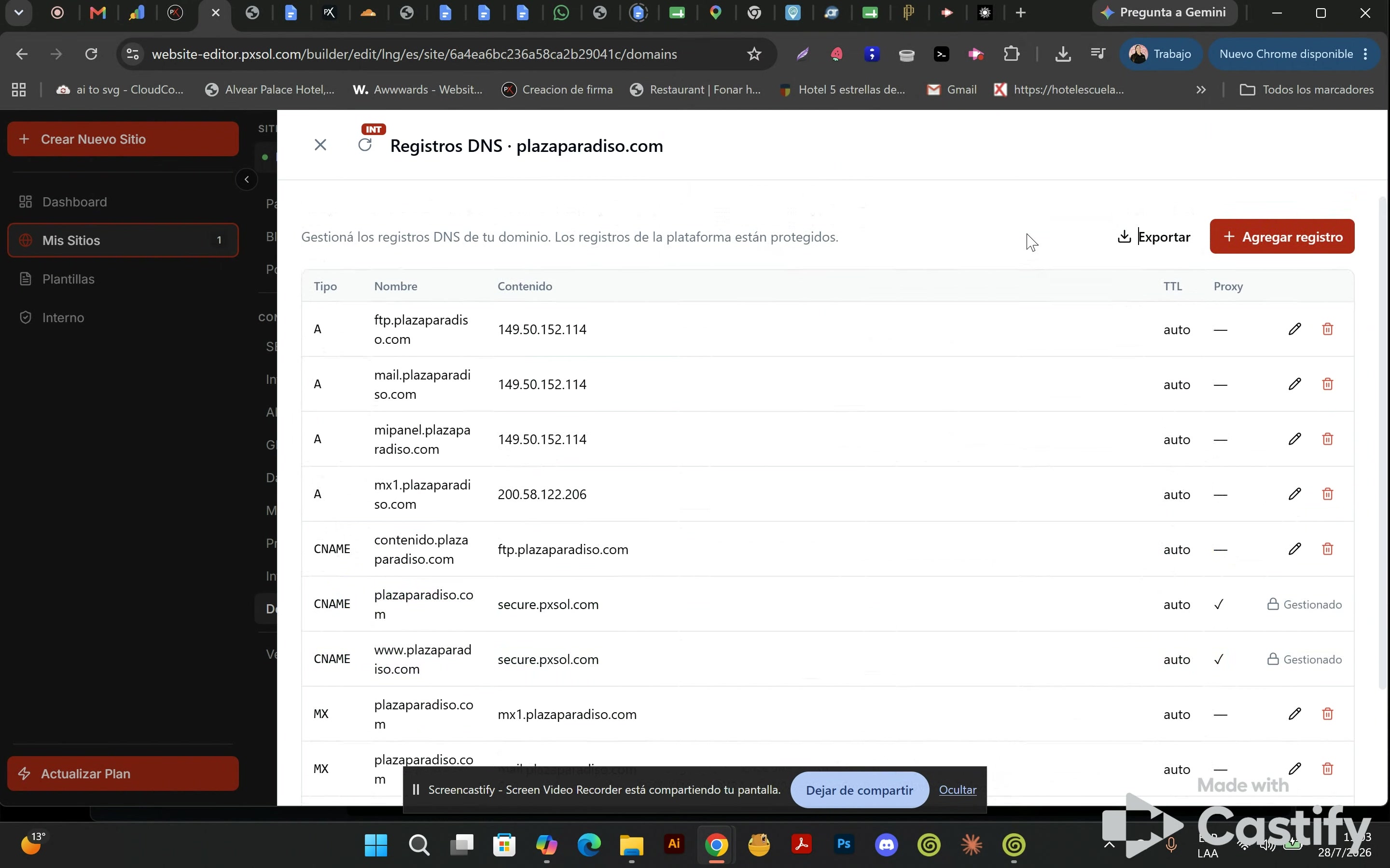 Íconos de edición y eliminación junto a un registro de tipo A no protegido.