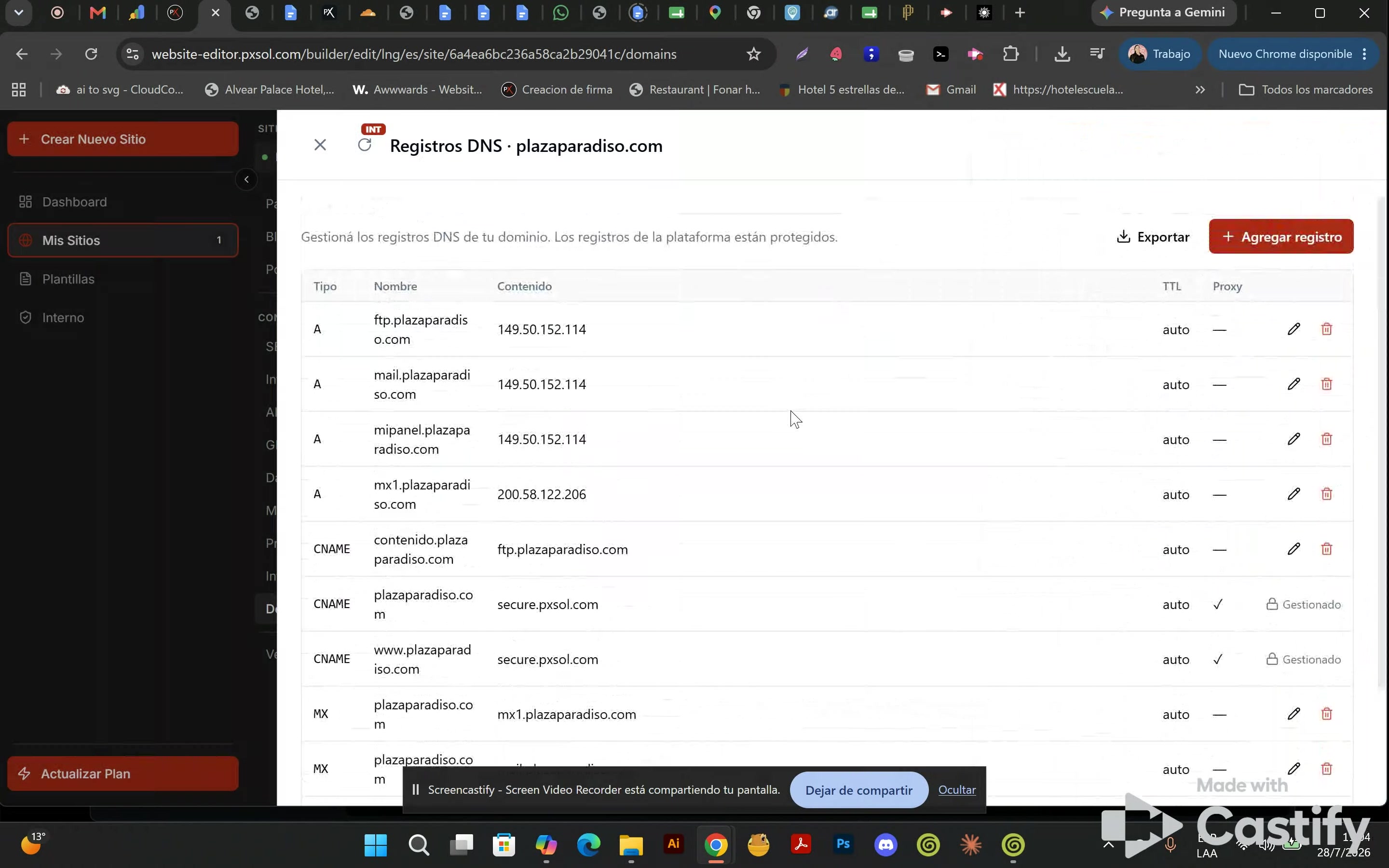Panel lateral 'Agregar registro' con campos para seleccionar tipo, nombre y contenido del nuevo registro.