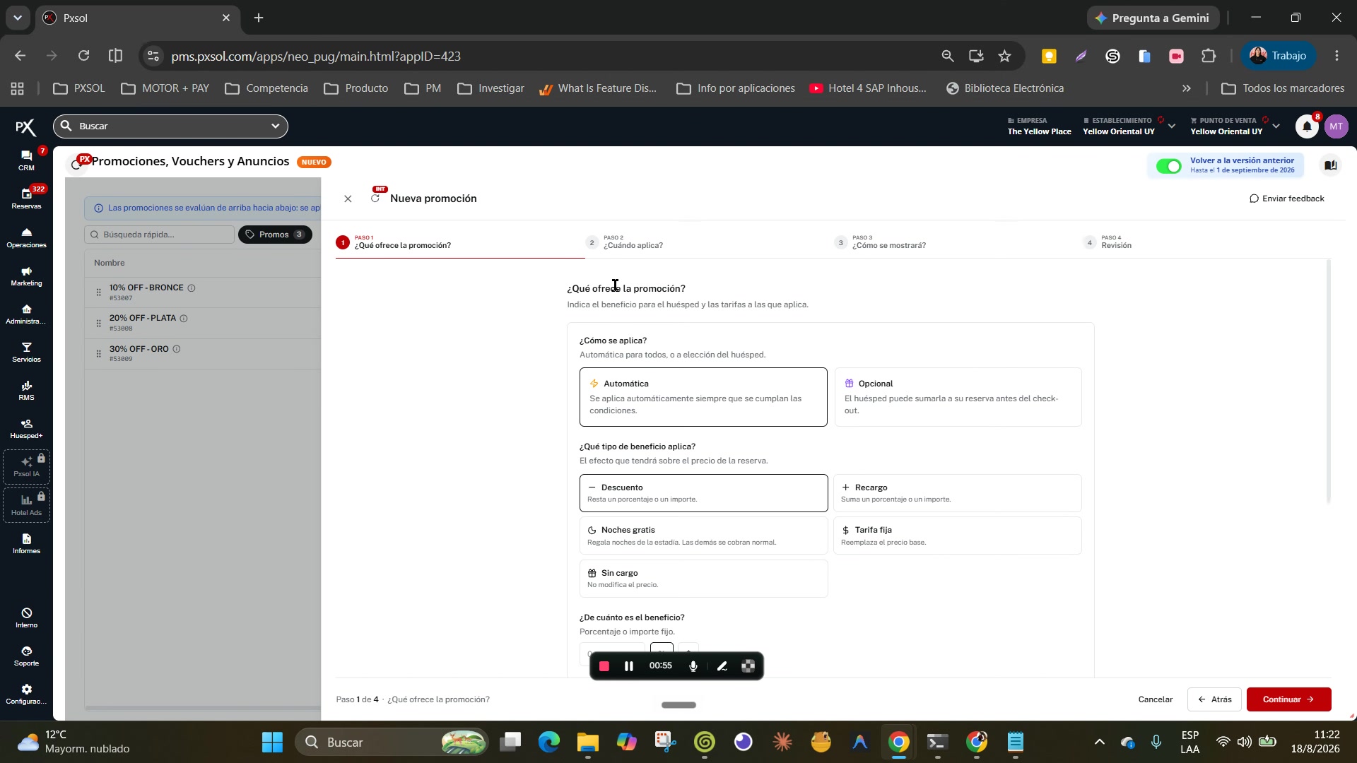 Formulario del paso 1 con las opciones Automática, Descuento del 10, Por habitación/noche y Todos los planes seleccionadas.