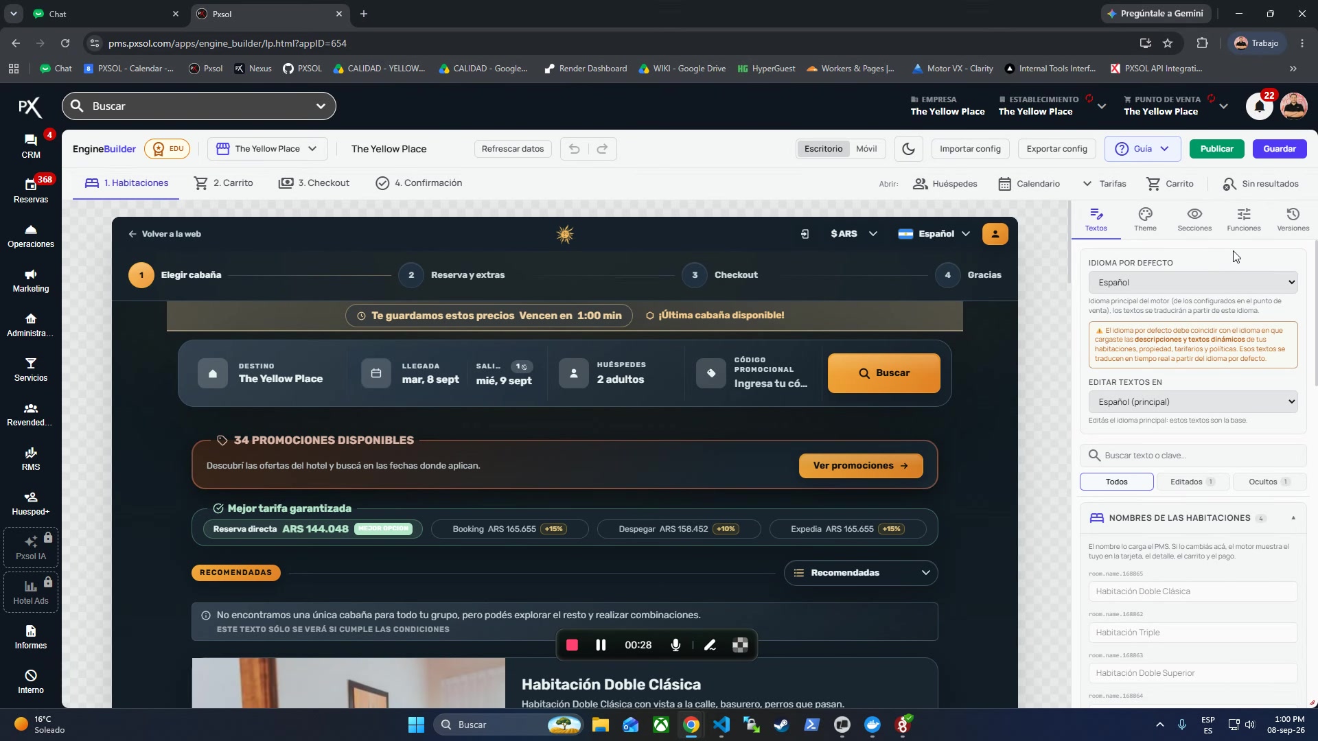 Panel de configuración del editor con la pestaña 'Funciones' seleccionada.