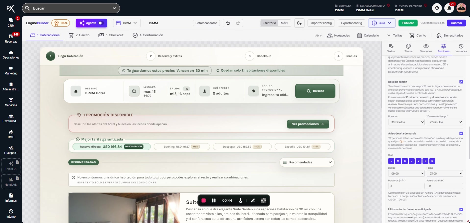 Configuración del aviso de alta demanda, con opciones para seleccionar días, horas y cantidad de personas.