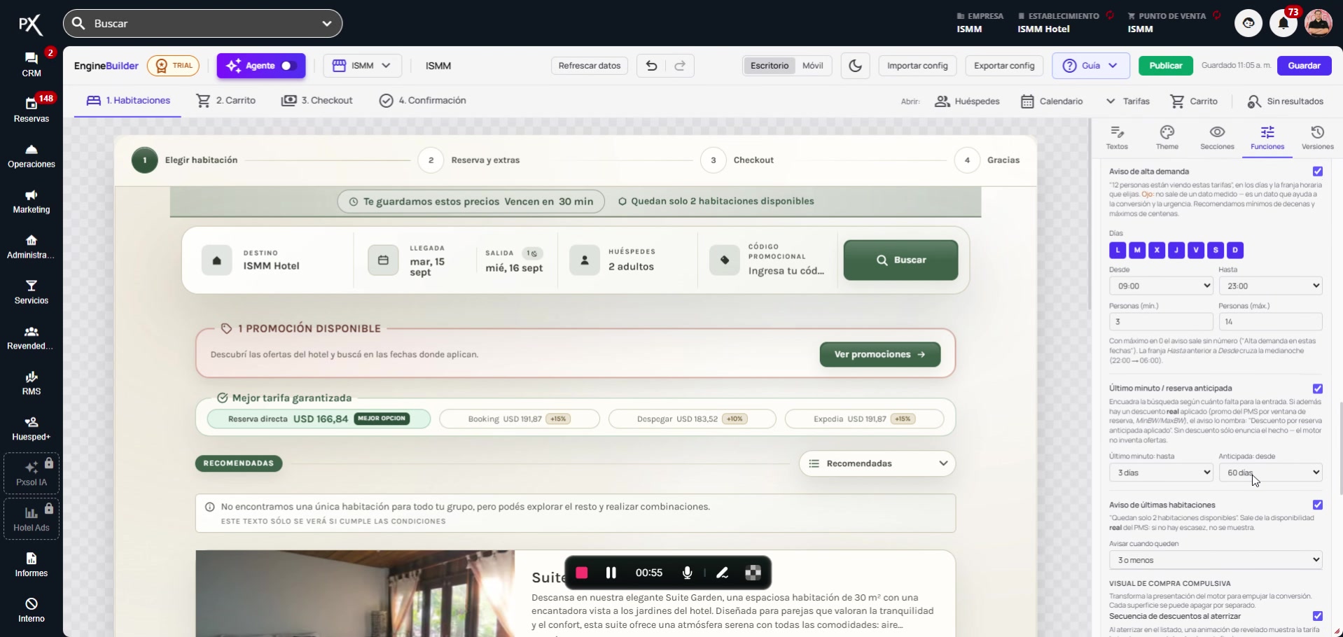 Configuración de días para la visualización de mensajes de reserva anticipada o de último minuto.