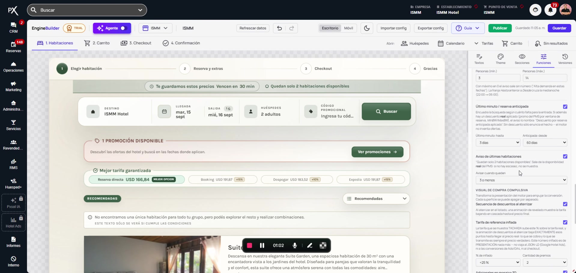 Notificación de últimas habitaciones disponibles que aparece en el motor de reservas.