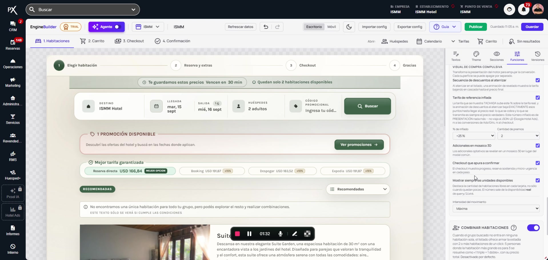 Opciones adicionales para configurar efectos visuales y mensajes en el proceso de pago del motor de reservas.